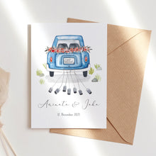 Cargar imagen en el visor de la galería, Faltkarte Aquarell &quot;Hochzeitsauto&quot; | personalisierte Hochzeitskarte | A6 | mit Namen und Hochzeitsdatum
