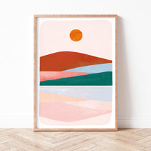 Load image into Gallery viewer, Kunstdruck &quot;Bunte Berglandschaft rosa grün orange&quot;
